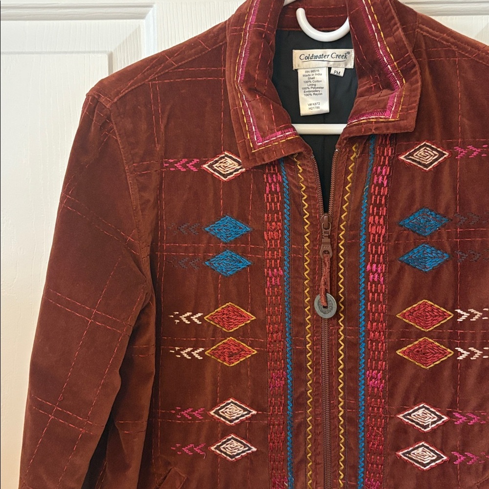 ❣️Host Pick❣️ Coldwater Creek Brown Embroidered Jacket Petite M Soft Velvet-Like